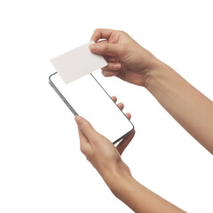 hands hold blank card and smartphone, isolated