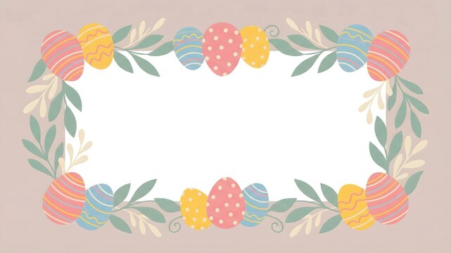Delightful pastel easter egg border design featuring decorative, patterned eggs intertwined with soft green foliage creating a festive springtime frame.