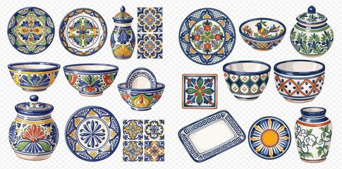 Set of colorful Talavera pottery and ceramic tiles with traditional Mexican patterns and designs.