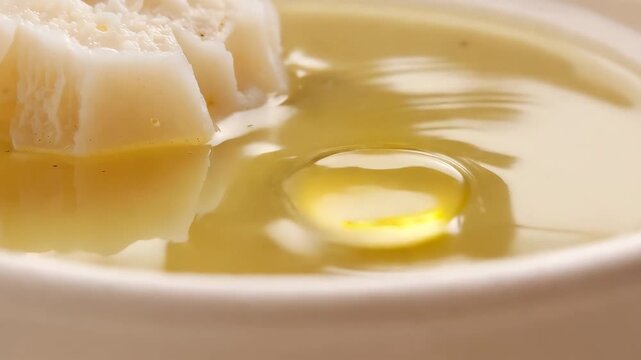 Macro of beeswax melting into almond oil on ivory ceramic dish. Realistic sensory artisanal organic clean beauty brand