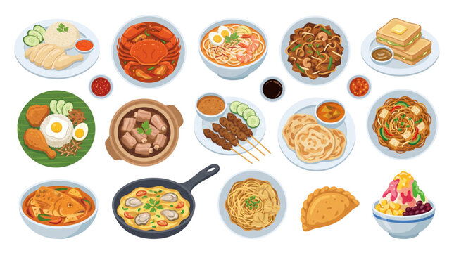 Famous Singapore Street Food Vector Collection with Transparent Background
