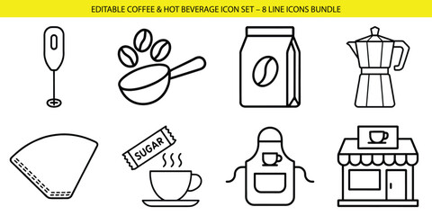 Editable coffee and hobbies icon set with eight line icons