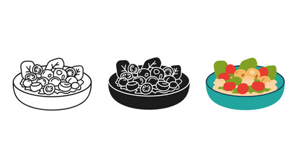 A line drawing of three bowls of different colored salads Vector