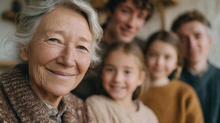 Fototapeta premium Close-up portrait of an elderly woman with white hair and a warm smile on her face. she is wearing a brown sweater and is standing in front of a group of four people, two adults and two children.