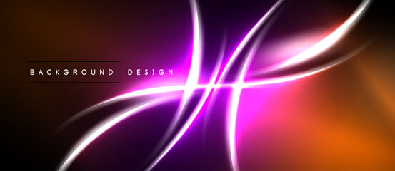 Naklejka premium Abstract neon lines create vibrant, flowing shapes. Orange, purple, pink hues blend seamlessly. Modern design element for backgrounds.
