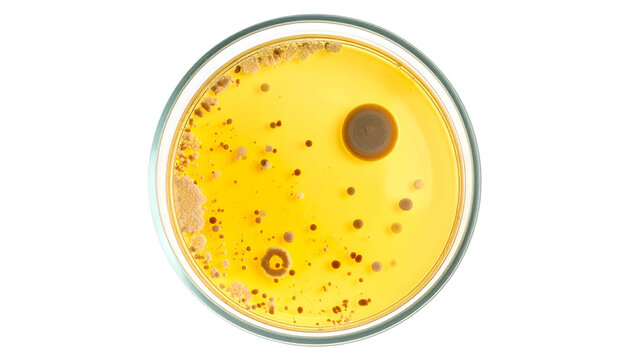 Petri dish, microbes and colonies thriving on a yellow agar plate