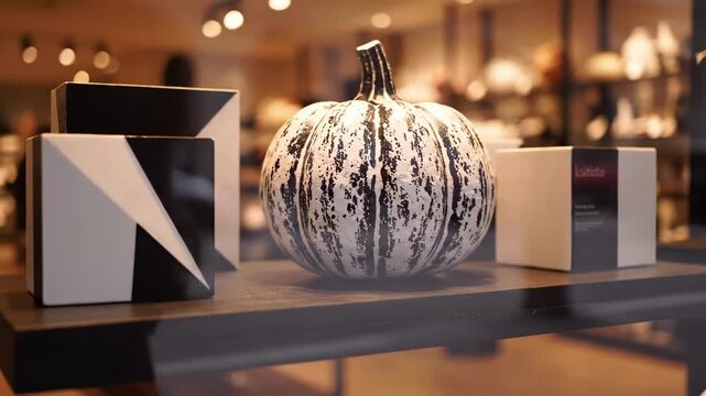 black and white pumpkin - A stylish display in a boutique featuring a uniquely patterned pumpkin amidst artistic packages, highlighting autumn aesthetics in a warm, inviting environment