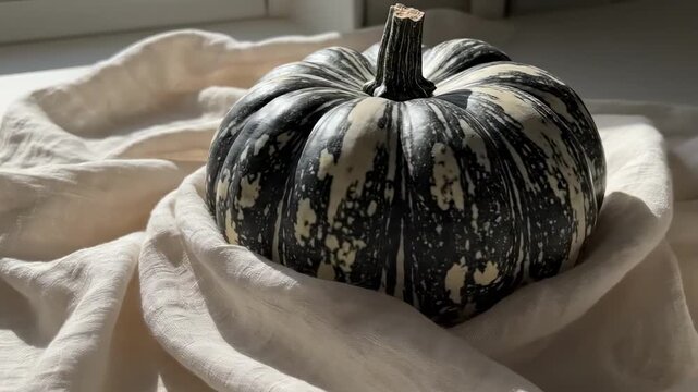 black and white pumpkin - A beautifully mottled black and white pumpkin rests atop a soft, cream-colored fabric, illuminated by soft natural light streaming through a nearby window