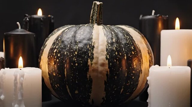 black and white pumpkin - A decorative pumpkin sits elegantly among flickering black and white candles, creating a serene autumnal ambiance against a dark background