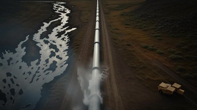 Oil pipeline leaking into natural landscape with smoke and sun rays