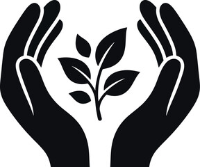 Obraz premium Care and growth concept with human hands protecting young green plant sprout for environmental ecology in vector art