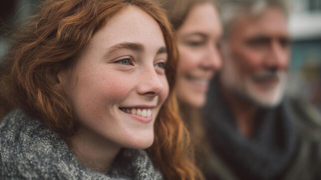 Close-up portrait of a young woman with red hair, smiling at the camera. she is wearing a gray scarf and appears to be outdoors, with a blurred background.
