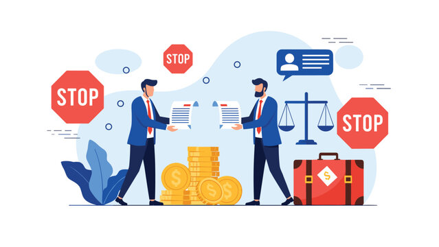 Two stern businessmen exchange documents amidst prominent stop signs, stacks of coins, and a briefcase, symbolizing a halted business deal, legal dispute, or contract termination.