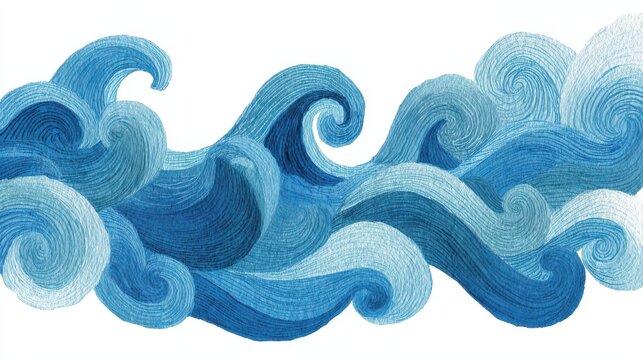 Watercolor blue wave lines illustration on white background