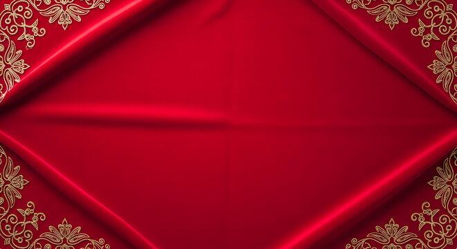 Luxurious red draped satin background with decorative gold scrol