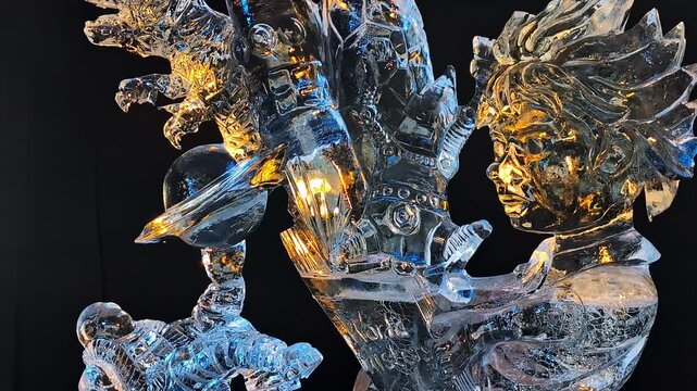 Intricate ice sculptures depicting astronauts and sci-fi elements