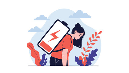 Fototapeta premium Exhausted woman carrying a large low-battery icon on her back, symbolizing fatigue, burnout, and mental exhaustion.