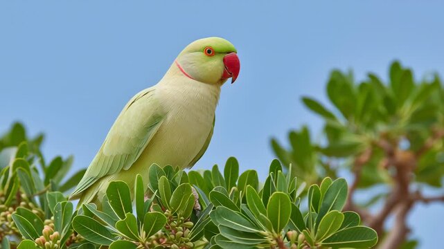 A vibrant ringnecked parakeet rests on a leafy branch, showcasing its brilliant green and yellow plumage. The bright sky creates a joyful backdrop to this lively bird's moment of serenity