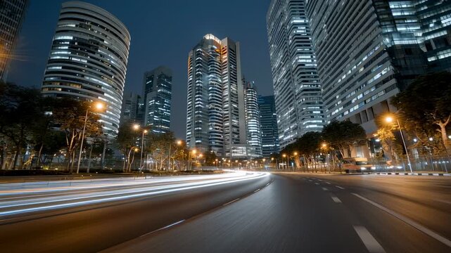 Experience a vibrant city at night, where tall buildings shimmer and neon trails of vehicles illuminate the streets. The atmosphere buzzes with energy and nightlife excitement