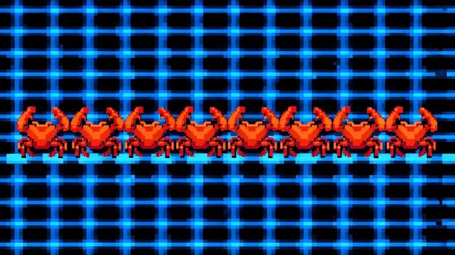Loopable line of pixel-art crabs raising claws on scrolling glitching grid background. Realistic energetic cyberpunk music visualizer, commercial