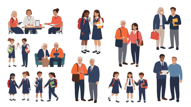 Comprehensive set of illustrations depicting students and adults in various school-related and family contexts, emphasizing education and intergenerational interaction.