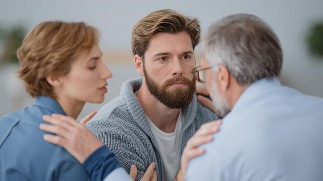 In a warm and inviting space, a man receives comforting support from two counselors. The moment captures the essence of compassion, healing, and community