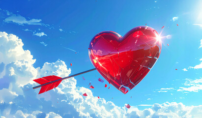 青空で、水色の矢に打たれて赤いガラスのハートが割れる