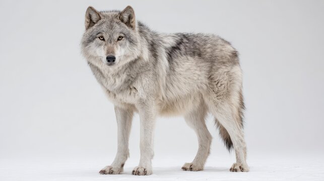 Wild canid portrait: gray wolf standing on white studio background, neutral composition