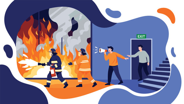 Brave firefighters actively battling a large fire in a building while people calmly evacuate through a clearly marked exit door.