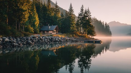 Obraz premium Woodland lakeside dwelling framed by tall trees, serene water surface and warm sunlight