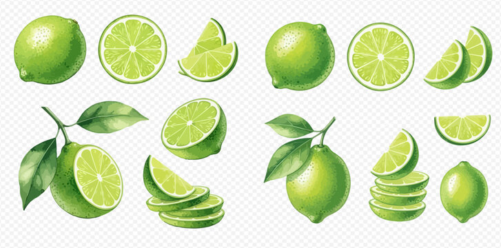 Watercolor illustration set of fresh green limes, whole, half, and sliced, with leaves, on a transparent background.