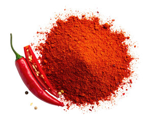 Red chili peppers, one sliced, with a pile of fiery powder