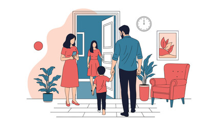 Fototapeta premium Family, including father, mother, and son, enters a welcoming house where another woman greets them, illustrating a warm family visit, reunion, or shared gathering.
