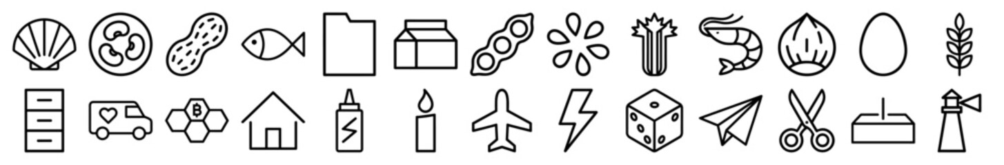 Miscellaneous icon set with vector pictograms of shellfish, peanut, milk, shrimp, egg, wheat, delivery van, house, airplane, and scissors, thin line illustration.