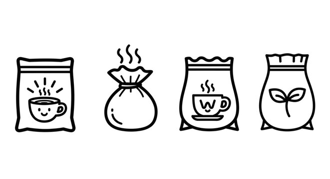 Set of stylized icons representing coffee or tea bags and a plant sprout in a bag