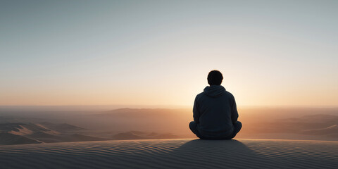 Individual in cross legged pose on a desert dune, contemplating the horizon during sunrise, embracing serenity and spiritual journey