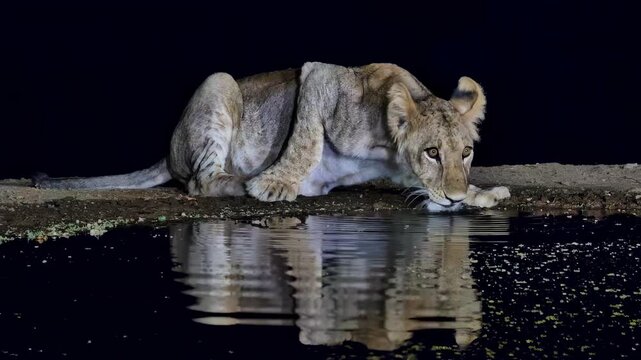 A young lion cub cautiously drinks from a watering hole, looking up under the cover of night.