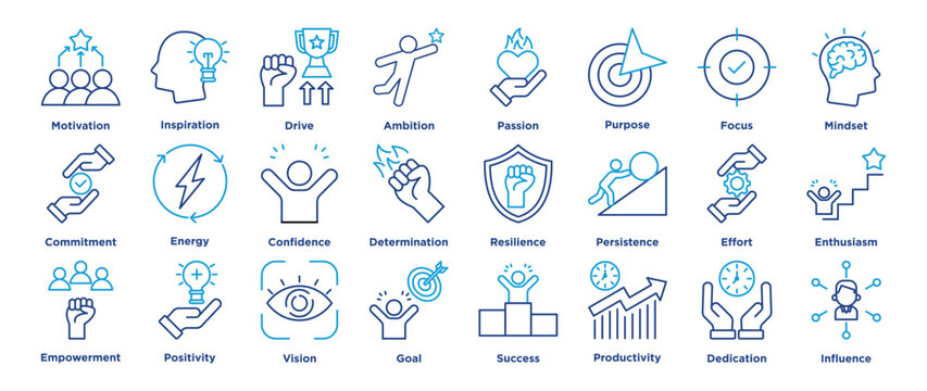 motivation icon set featuring inspiration, drive, ambition, passion, purpose, focus, discipline, energy, commitment, mindset, confidence. line editable illustration