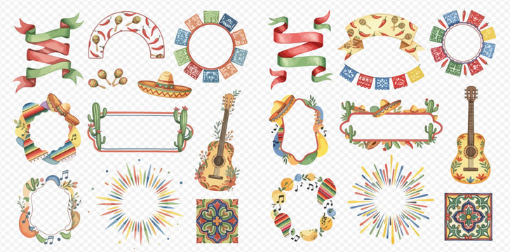 Watercolor Mexican Fiesta elements set with sombreros, guitars, maracas, cacti, and colorful banners for celebration designs.