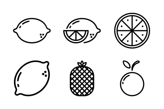 A specialized set of lemon, orange, and pineapple line art icons ideal for juice and beverage branding.