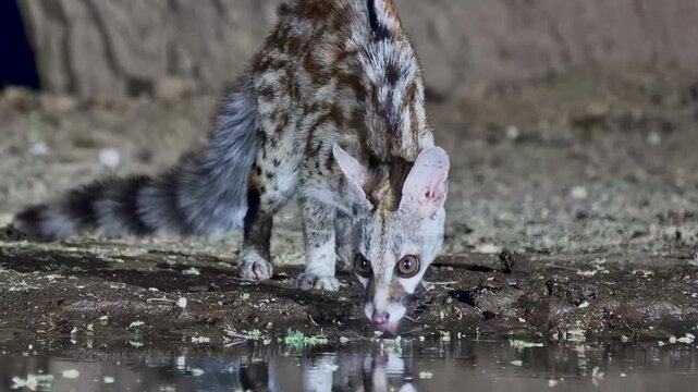 A close-up of an elusive large-spotte genet drinking from a watering hole at night.