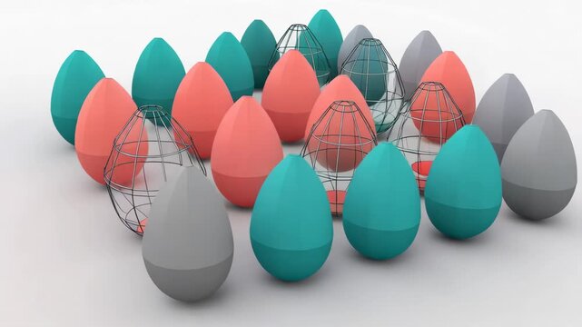 Isometric 3D grid of geometric Easter eggs in matte digital colors. Graphic modern structured company visual, tech conference background.