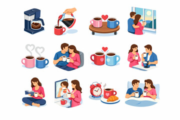 Fototapeta premium Coffee Morning Scenes Illustration Set