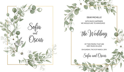 Elegant botanical wedding invitation card templates with eucalyptus leaves greenery wreath and gold frame isolated watercolor vector design set © MdAbdul