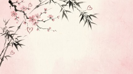 Elegant cherry blossom branch with hearts serene nature background digital art soft pink aesthetic tranquil viewpoint romantic concept for digital decor