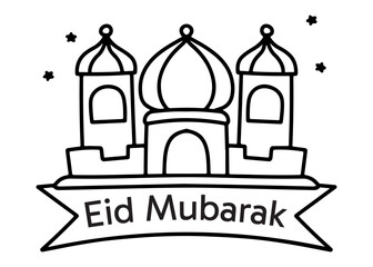 A simple line art drawing of a mosque with "Eid Mubarak" banner and stars, celebrating the Islamic festival.