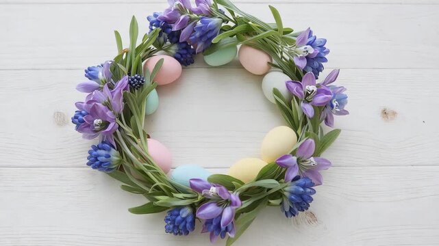 Flat lay wreath of spring flowers and pastel eggs forming text border on white wood. Fresh organic branded boutique invitation, feminine advertising