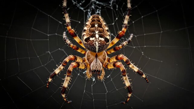 Close-up of a large orb weaver spider on its web with a dark background