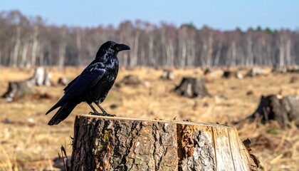 Fototapeta premium A lone black raven perched on a tree stump in a deforested area.