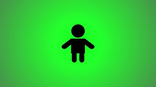 Abstract green background with a morphing black human figure transforming from a three-dimensional shape to a two-dimensional icon